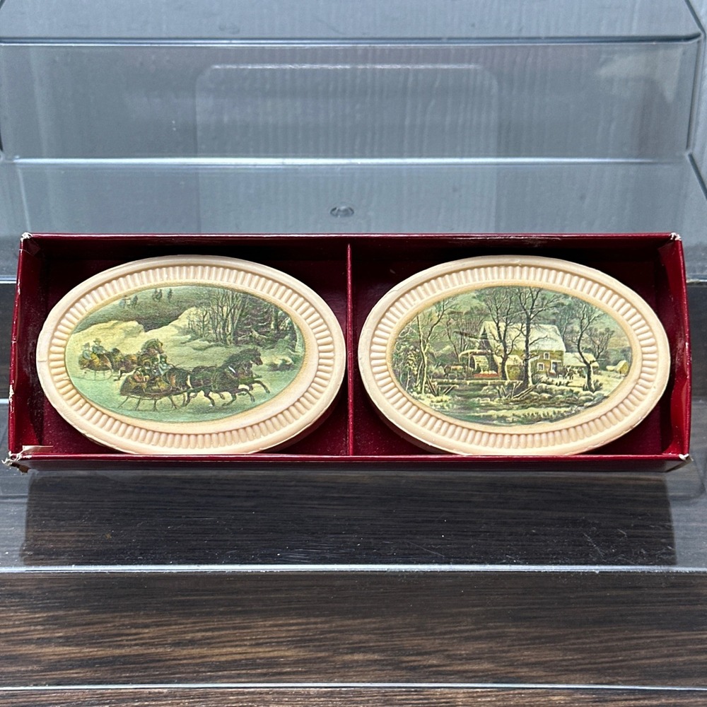 Vintage Avon 1876 Winterscapes Currier & Ives Fragranced Soap Set 2 Bars 6oz